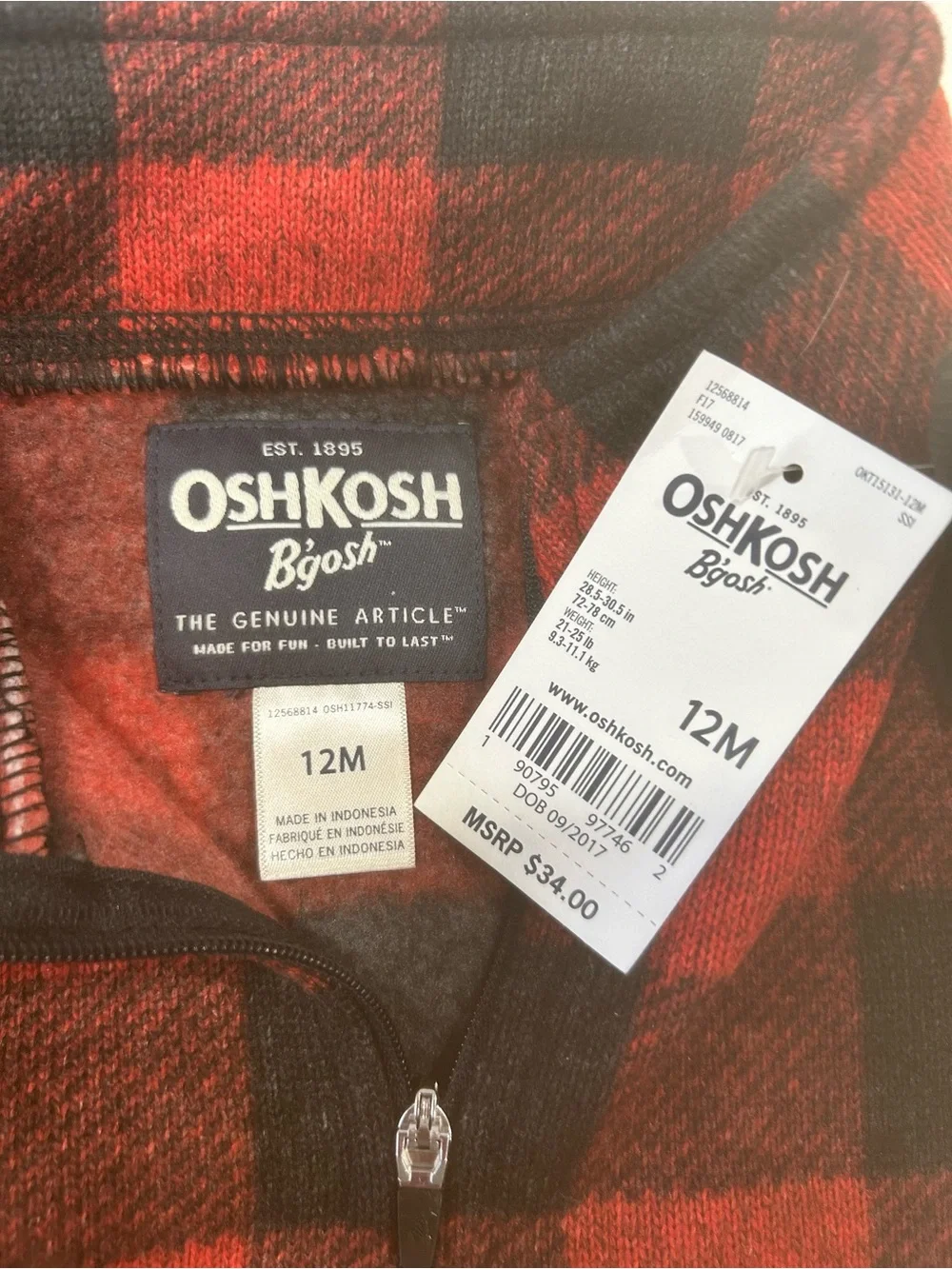 OshKosh B’gosh Baby Boy 12M Buffalo Plaid Fleece Full Zip Jacket Red Black cabin